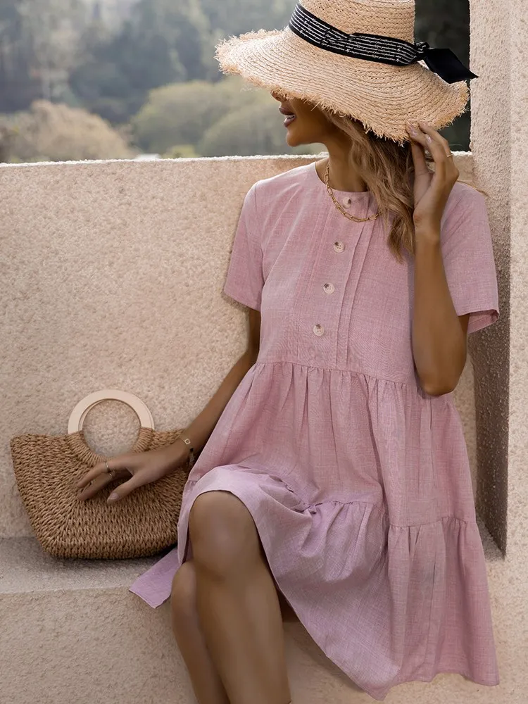 

2022 New Spring Summer Solid Color O Neck Short Sleeve Mediumn Long High Waist Pullover Pink Ladies Short Dress