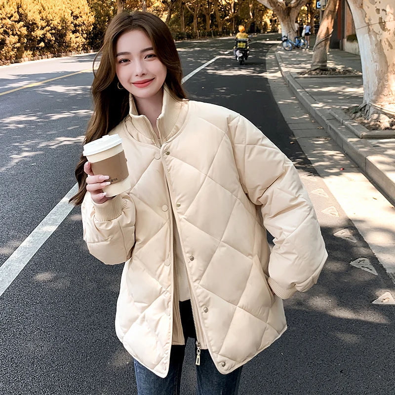 

Korean Winter Women Puffer Parker Fashion Diamond Lattice Stand Collar Loose Short Cotton Outerwear Female Thick Padded Jacket