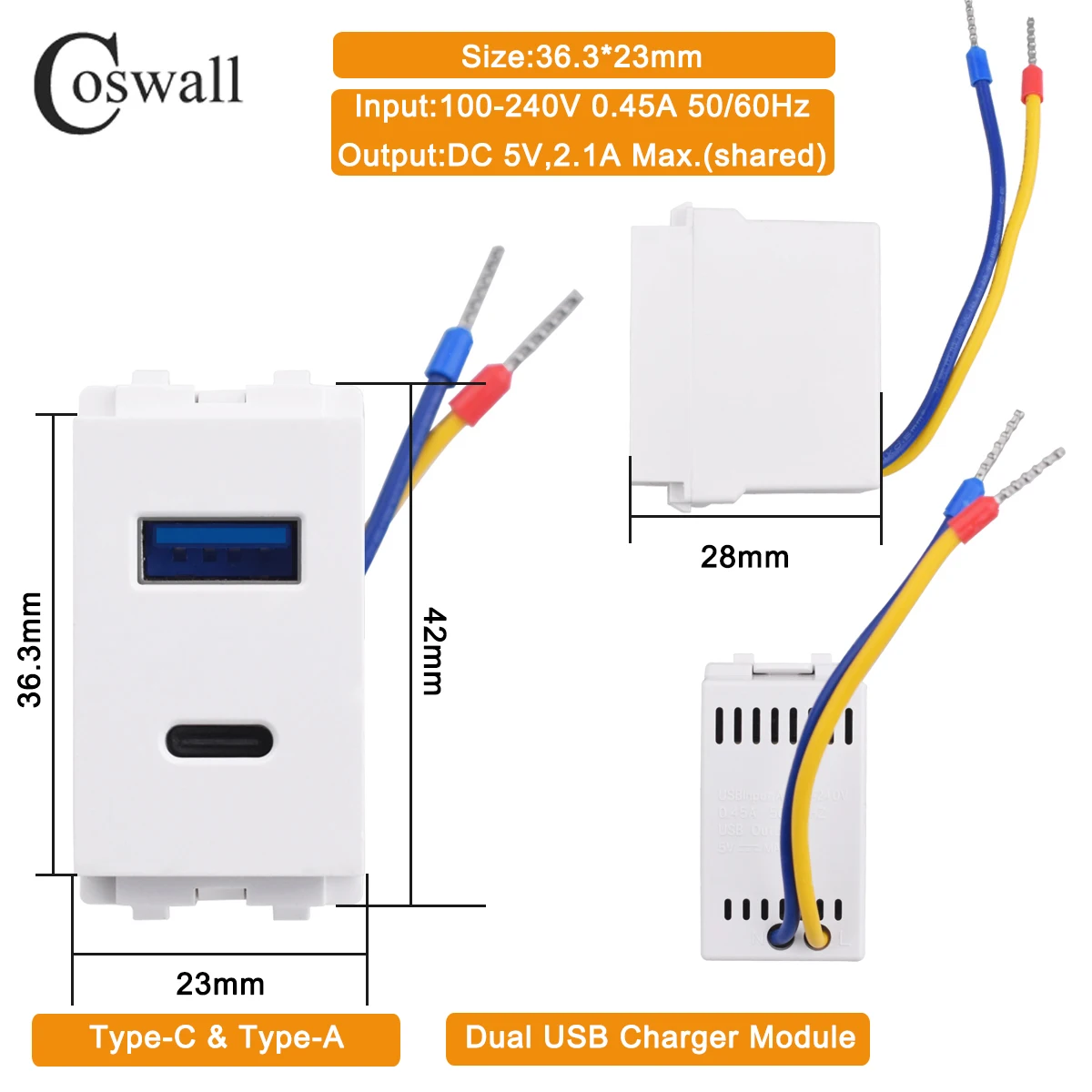 

Coswall 128 белая/черная настенная розетка с двумя портами USB