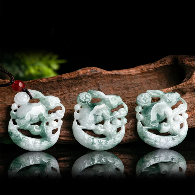 

Jiale/Natural Burmese Emerald Green Floating Flower Jade Zodiac Rabbit Necklace Pendant Men Women Fine Jewelry Accessories Gift