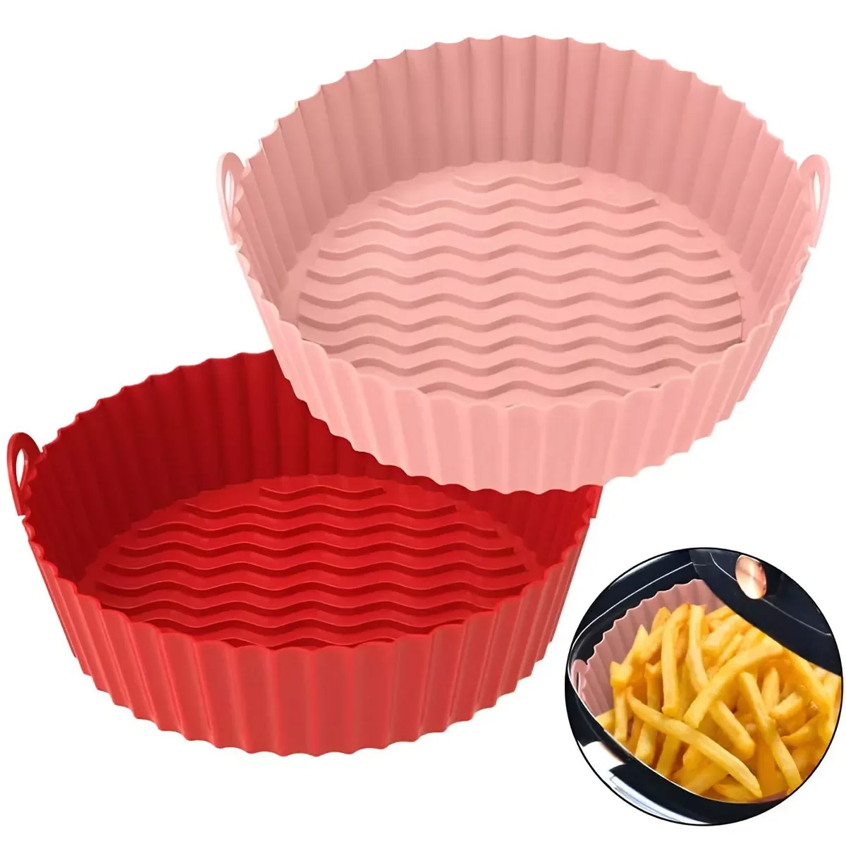 

2Pcs Air Fryer Silicone Pot with Handle Reusable Air Fryer Liner Heat Resistant Air Fryer Silicone Pot 7.5inch Round Liners Tray