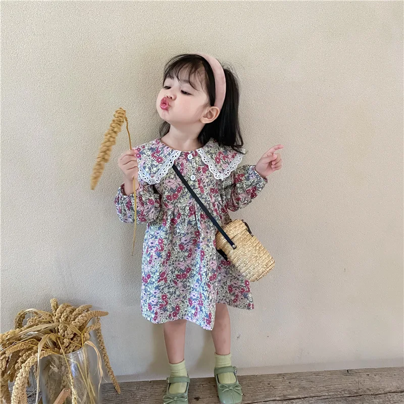 

Summer Girls' Dress 2022 Fashion New Long Sleeve Lapel Neck Sweet Princess Dress Toddler Baby Kids Children'S Clothing for Girl