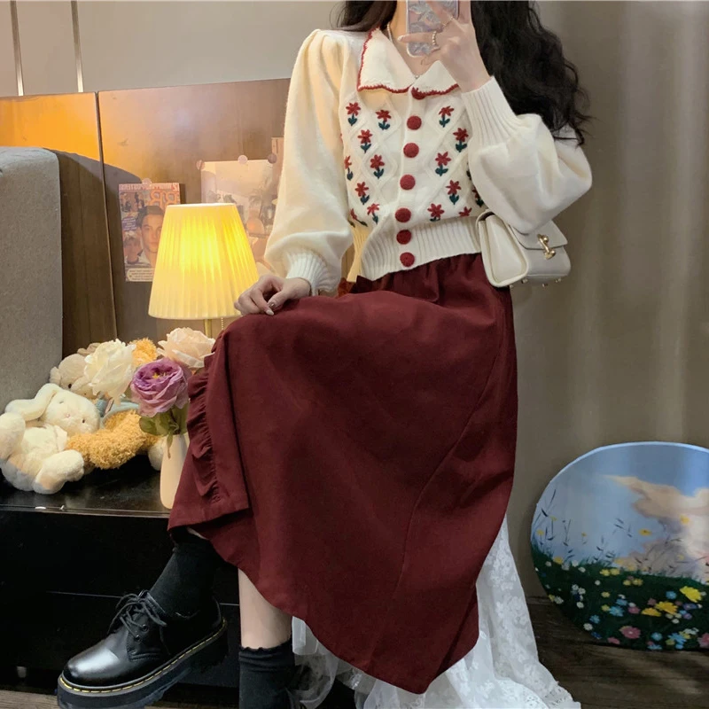 

Женский трикотажный свитер на пуговицах с длинным рукавом и юбка, комплект из двух предметов, модная женская одежда, M02, весна-осень 2022