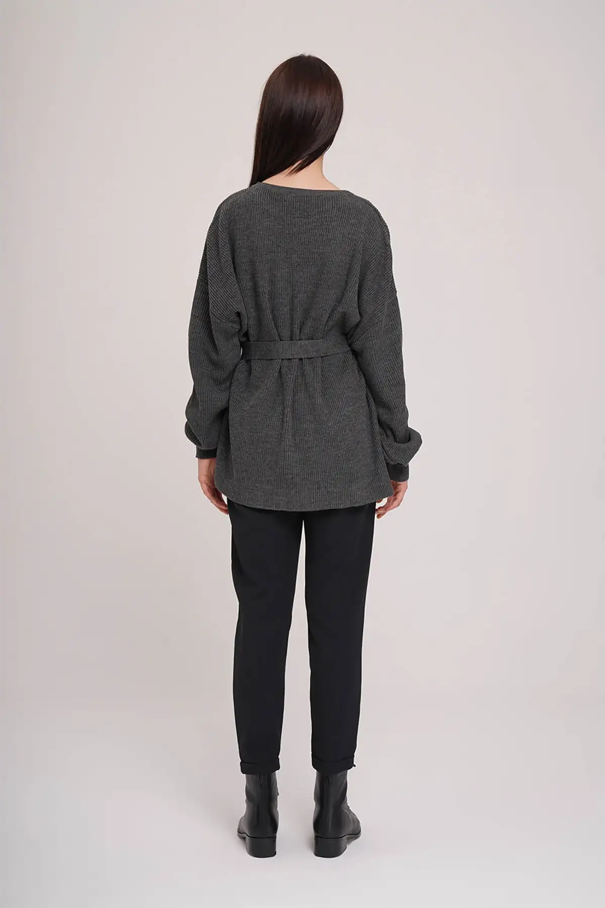 

Women Anthracite Belted Bubble Sleeve Sweater 19 KGMZL1016006 Women Muslim Sweater