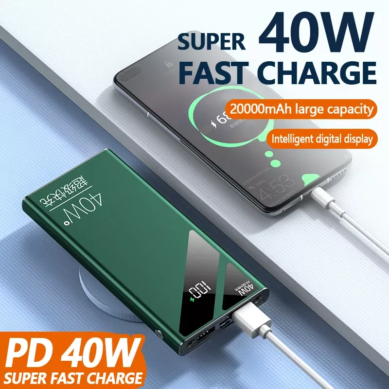 

NEW2023 20000mAh Super Fast Charge Portable Power Bank Double USB Digital Display External Battery With flashlight For iPhone