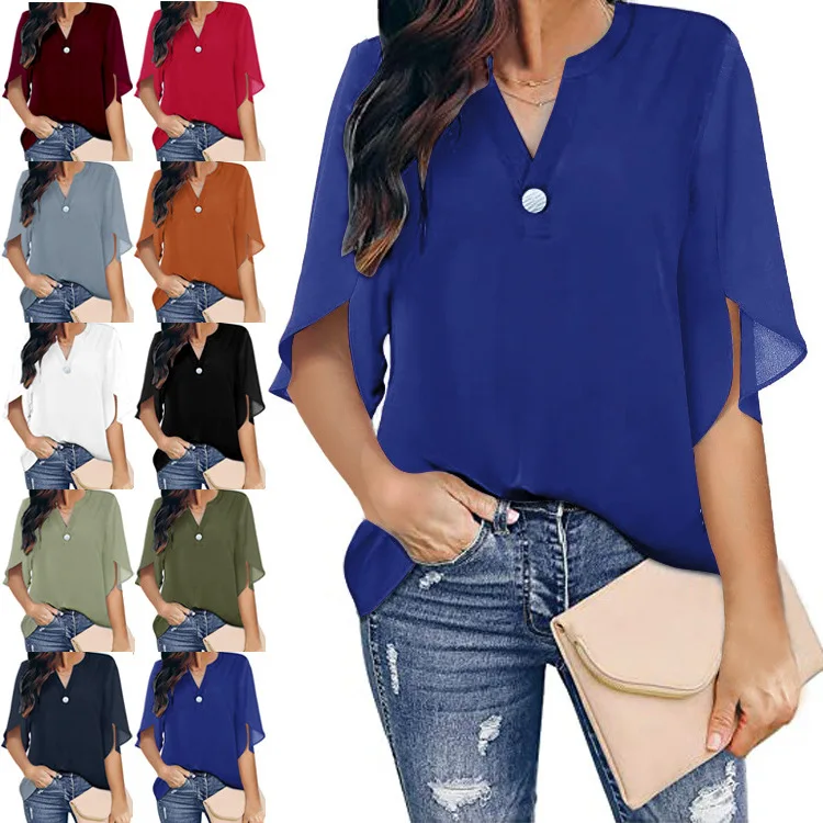 

2022 Elegant Casual Fashion Ladies Tops Solid Cloor V-neck Chiffon Shirt Summer Women Short Sleeve Top Office Streewear Shitrs