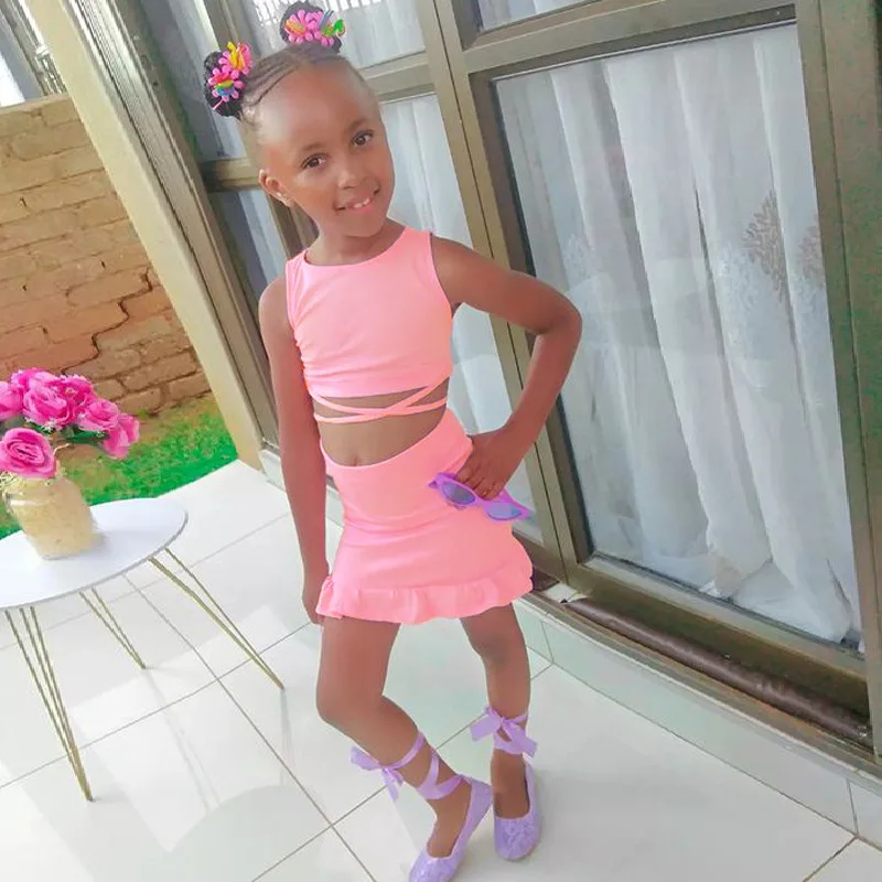 

two piece set baby girls crop top vest mini skirt suit ruffle kids clothing toddler girl bandage outfits streetwear 1 to 7 yrs