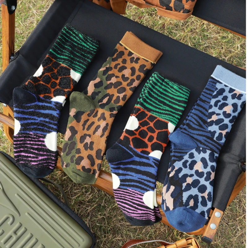 4Pcs Autumn Winter Japanese Fashion Women Socks Harajuku Cotton Breathable Cute Designer Leopard Print Long Funny Socks Woman