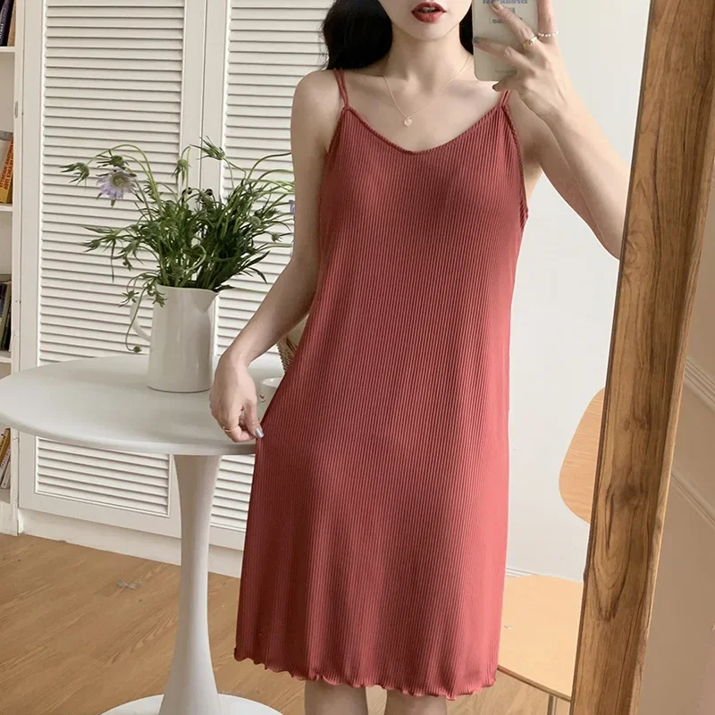 Sexy Cotton Open-back Tank Sleep Dress Women's Summer Nightgown Chest Pad Medium-length Solid Color Homewear