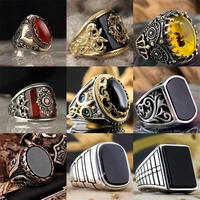 new retro turkish handmade silver color men rings vintage carved eagle pattern black zircon stone rings 2022 punk muslim jewelry
