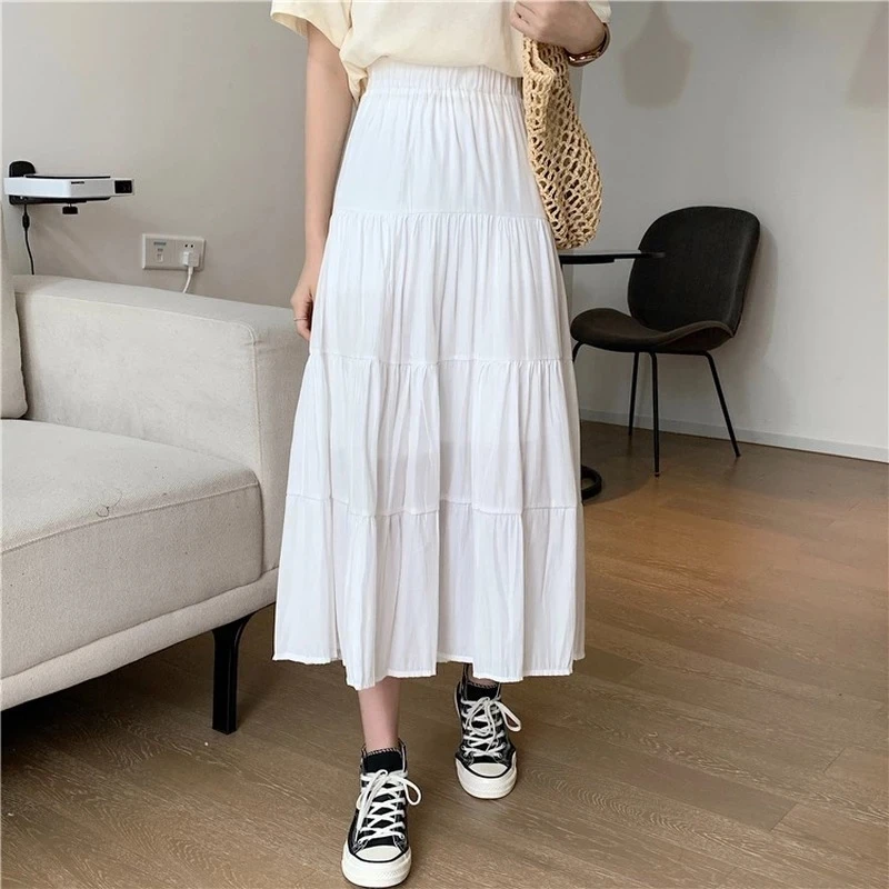 

2023 Spring Summer New Women Chiffon Skirts Vintage High Waist Elastic Patchwork Long Cake A-line Female Skirt