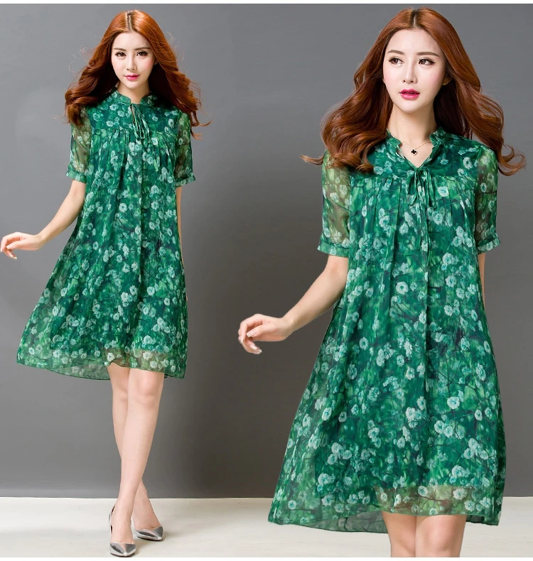 Summer 2024 Korean Sle Plus size Loose Slimming Print Mid-Length Short sleeve Bright Silk Chiffon Dress Beach Skirt Women F... |