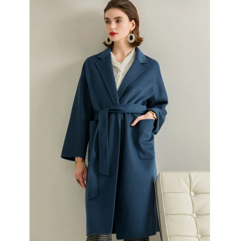 

2021 New Autumn and Winter Women's Double-sided Tweed Coat Medium Long Loose Simple Blue Wool Overcoat with Pockets Belt