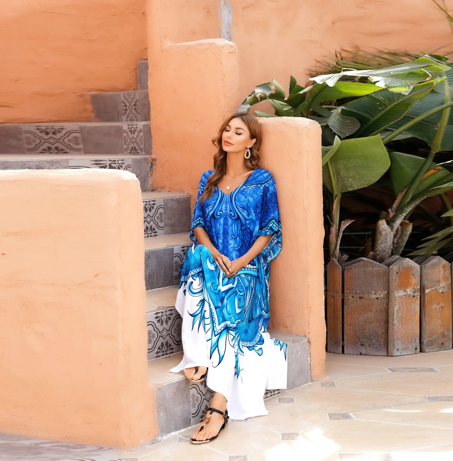 Женский Пляжный Максі-кафтан В Стиле Бохо Большой Размер Монокини С V-образным