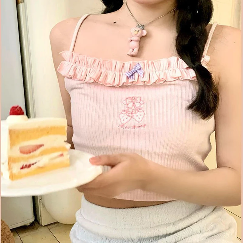 

Pink Crop Top Women Summer Ruffle Bow Strawberry Embroidery Cute Camis for Sweet Girl Kawaii Clothes