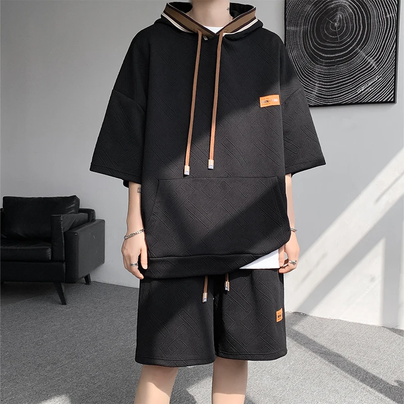 Solid Color Men's Sets 2023 Summer Casual Hooded Short Sleeved T-Shirts And Shorts Two-Piece Sports Tracksuits Top Tees&Joggers