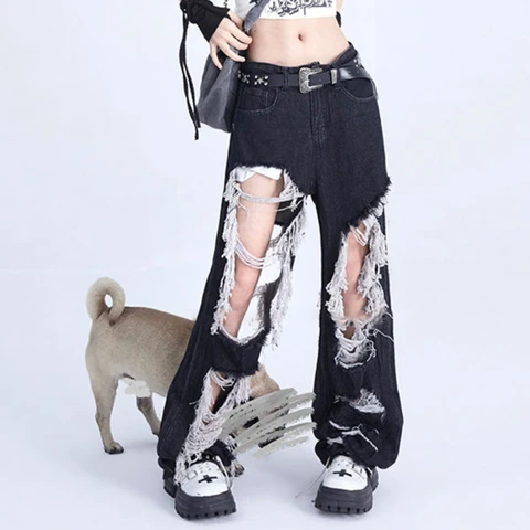 Summer Ripped Jeans for Women Wide-leg Pants Streetwear High Cotton Old-fashioned Waist Straight Jeans Women Look Thin Tassel