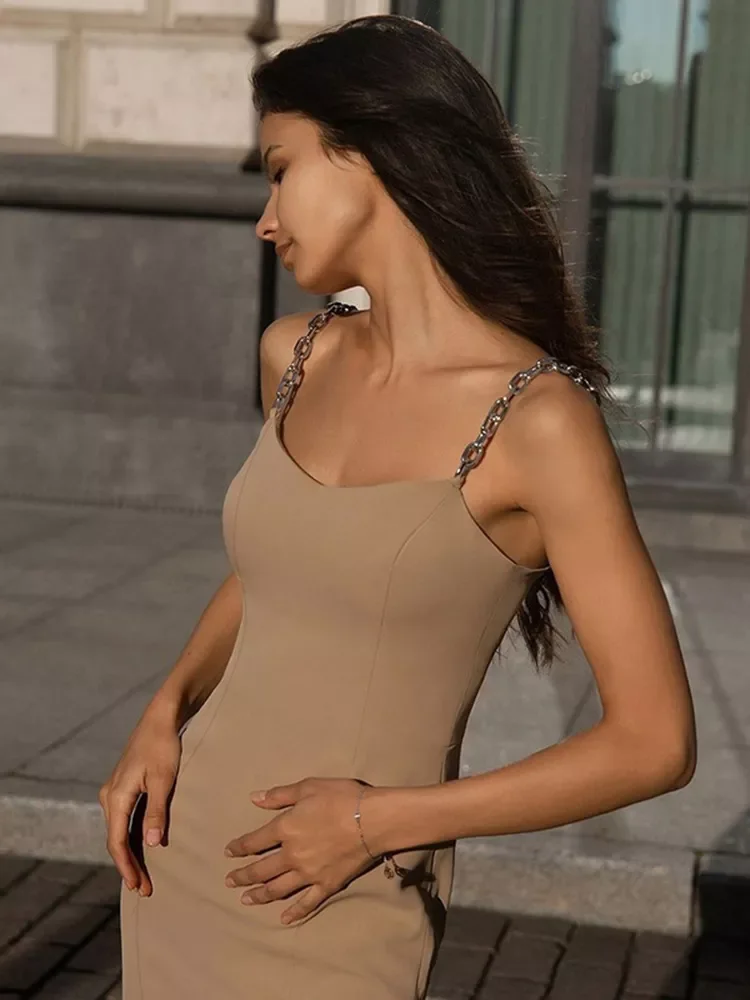 

2022 Elegant Women's Dresses Chain Strapless Sleeveless Solid Basic Split Knee-Length Bodycon 2021 Summer Sexy Young Style