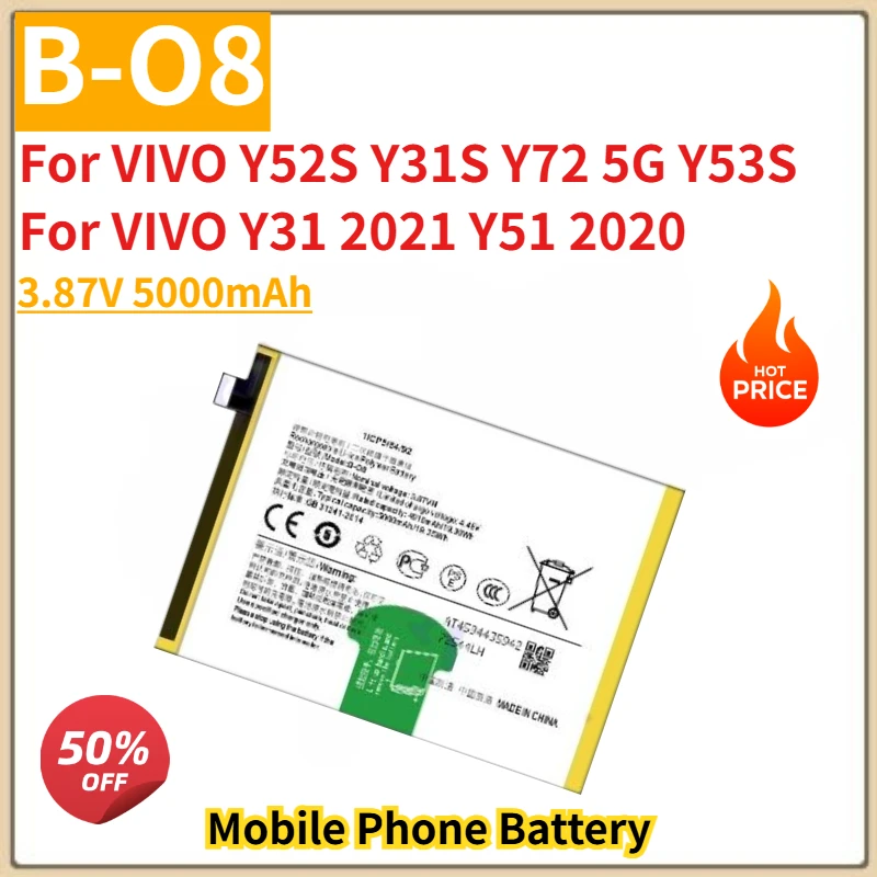 Фото Высококачественный аккумулятор для телефона B-O8 3,87 В 5000 мАч для VIVO Y52S Y31S Y72 5G Y53S для VIVO Y31 2021 Y51 2020, новый сменный аккумулятор №1