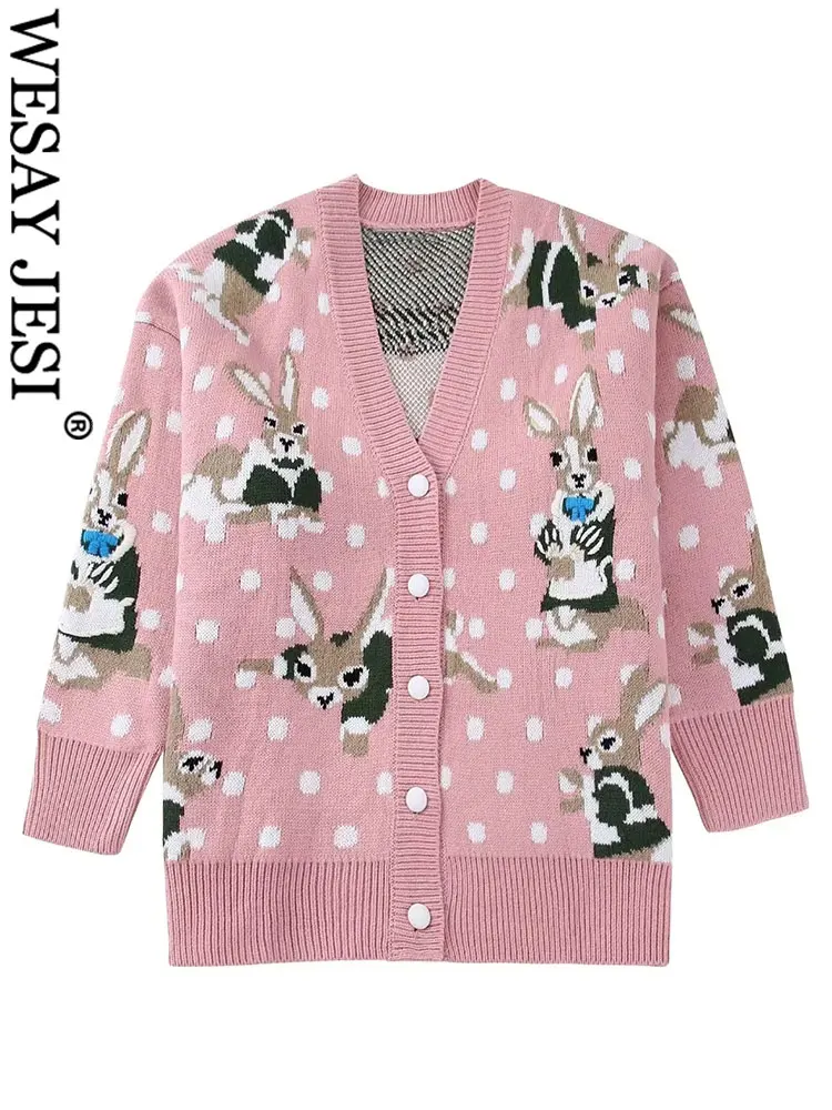 

WESAY JESI Women's Fashion Rabbits Jacquard Knitted Cardigan Elegant Pink Polka Dot Long Sleeve V Neck Button Sweater Female Top