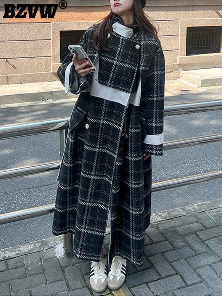 

Черная Клетчатая Шерстяная Куртка BZVW, Длинная Женская осенне-зимняя новая модная дизайнерская свободная ветровка со шнуровкой, пальто для женщин 2023, 25X4982