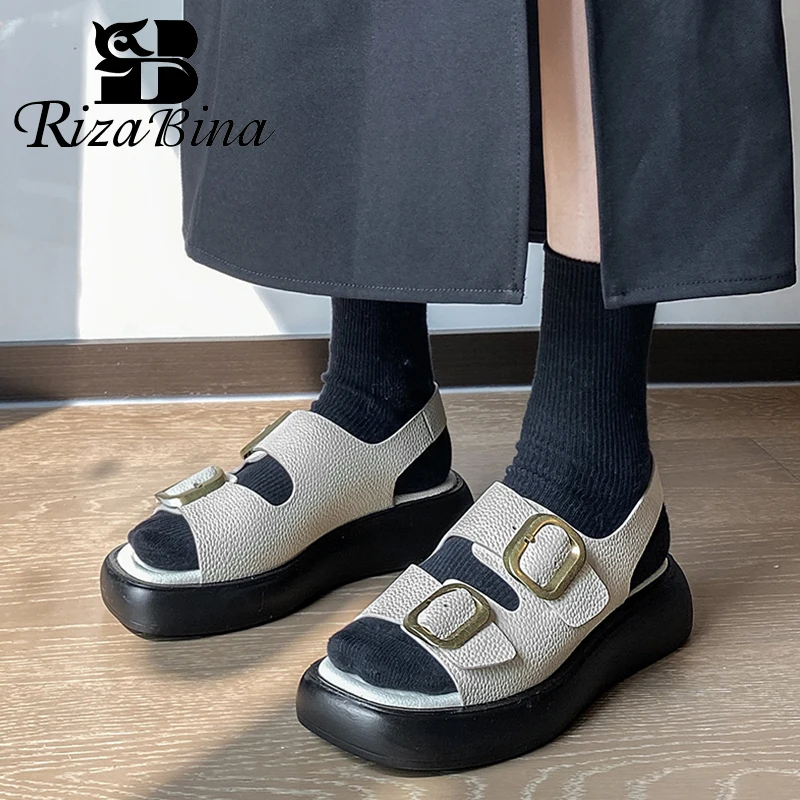 

RIZABINA New 2022 Sandals For Woman Genuine Leather Metal Buckle Chunky Ins Hot Summer Shoes Women Daily Footwear Size 34-39