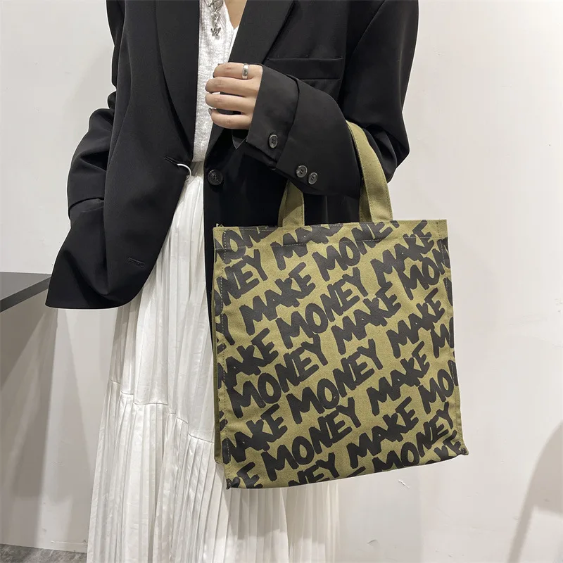Women Canvas Shoulder Bag Letter Printing Ladies Casual Handbag Tote Bag Large Capacity Cotton Reusable Shopping Beach Bag 2023