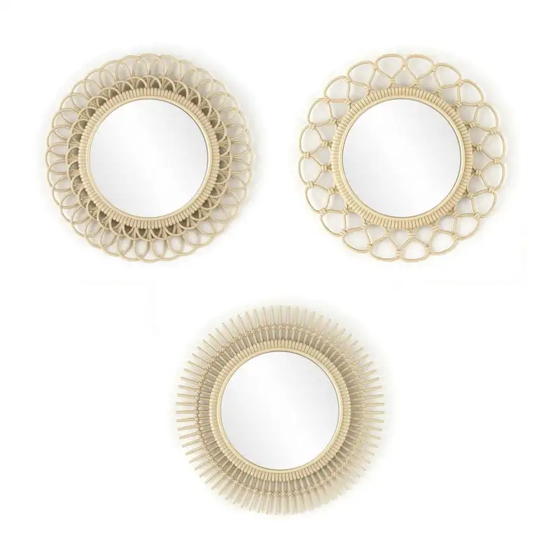 

Homes & Garden 3 Piece Light Natural Faux Woven Wicker Round Traditional Mirror Set Home decor Decorative wall mirror Pocket mir