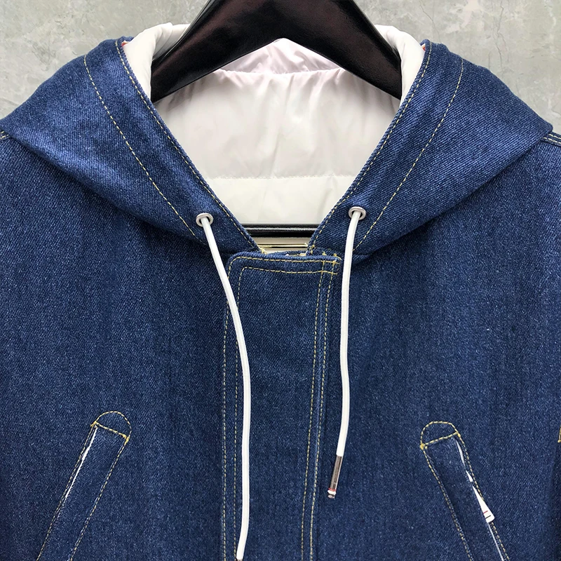 TB THOM Men's Winter Jacket Down Jacket Fashion Brand Cowboy Ovecoat Thicken Down-Filled 4-Bar Stripe Zip-UP Hoodie Denim Coat