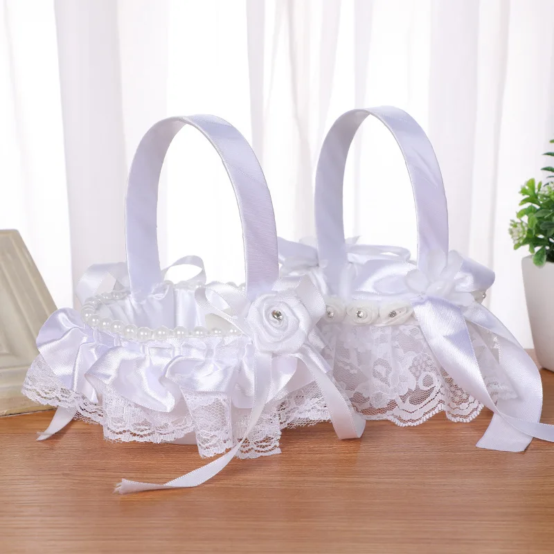 

White Wedding Flower Basket Bridesmaid Girl Portable Flower Petal Lace Basket Vintage Rustic Wedding Ceremony Table Decoration