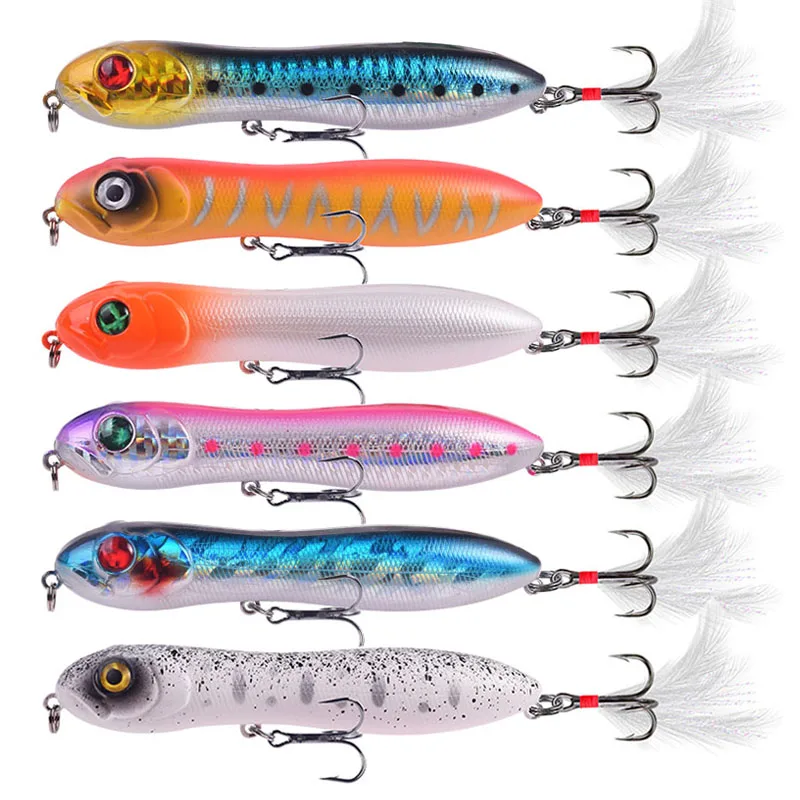 

6 Pcs Fishing Lure Mixed Colors Set 10cm 15.5g Top Water Pencil Wobblers Minnow Tackle With Feather Hooks Artificial Bait Bass