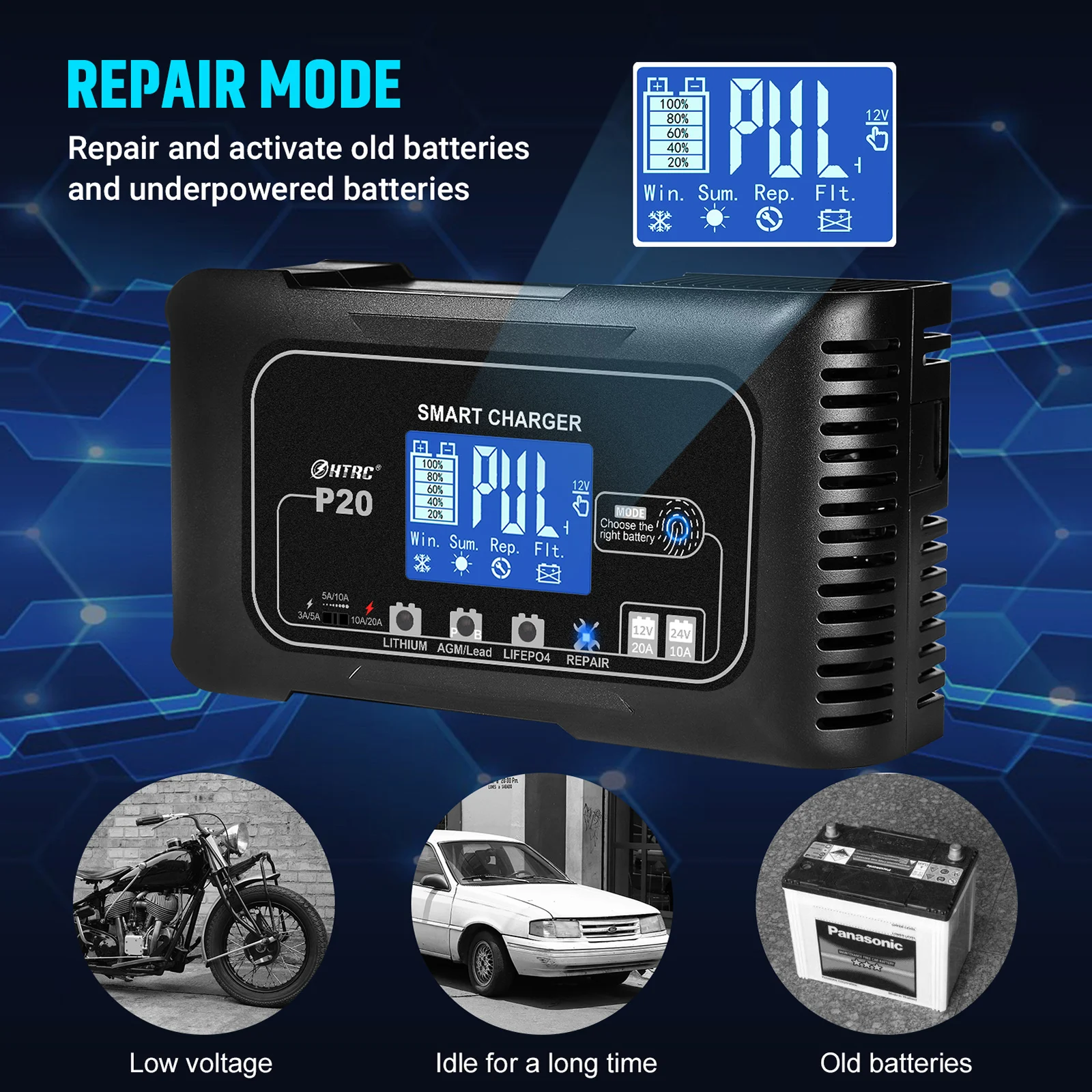 

12V 20A 24V 10A Auto Battery Charger Automobile Accessories Automatic Car Battery Charger for Lithium Lead-acid Lifepo4 Battery