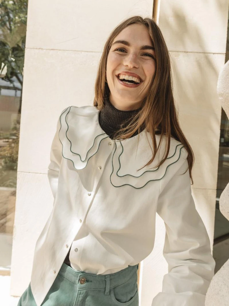 

Wave Embroidered Blouses Women 2023 Spring Ruffles Single Breasted French Elegant Clothes Shirts Female Casual Vintage Blouse