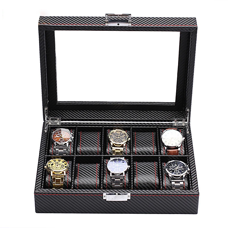 

6/10/12 Slots New Classic Carbon Fibre Watch Box Leather Black Watch Display Box With Lock Men or WomenWatches Organizer Box