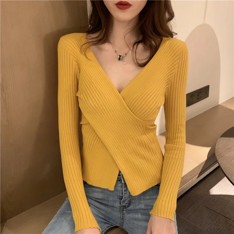 

V-neck sweater Women's 2021 bottom with autumn and winter long sleeve cross slim knit bodice