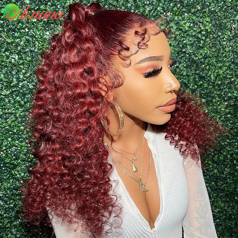 Alinana 13x4 Lace Frontal Human Hair Wigs Cherry Red Colored Peruvian Loose Water Wave Curly 4x4 Lace Closure Wig For Women