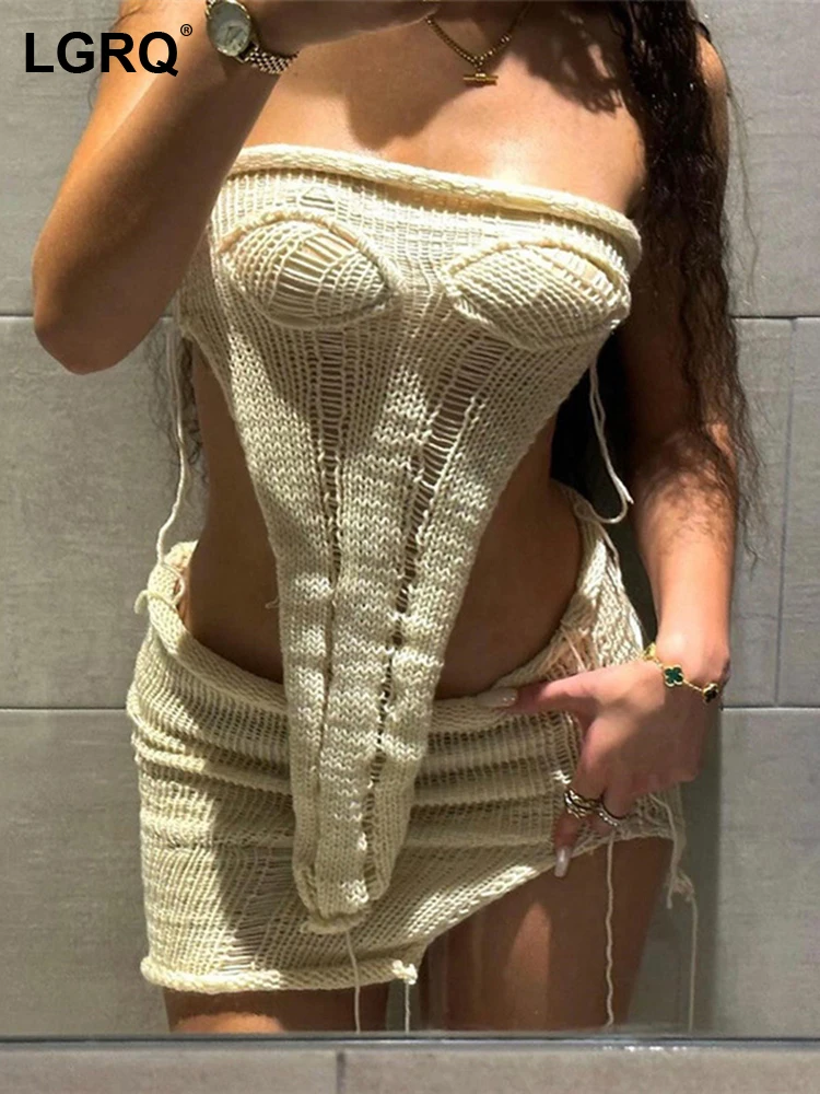 

LGRQ 2023 Summer Women's Party Sexy Hollow Out Knitted Bra Tops High Waist Wrap Hip Short Skirts Two-piece Sets Fashion 19F1350