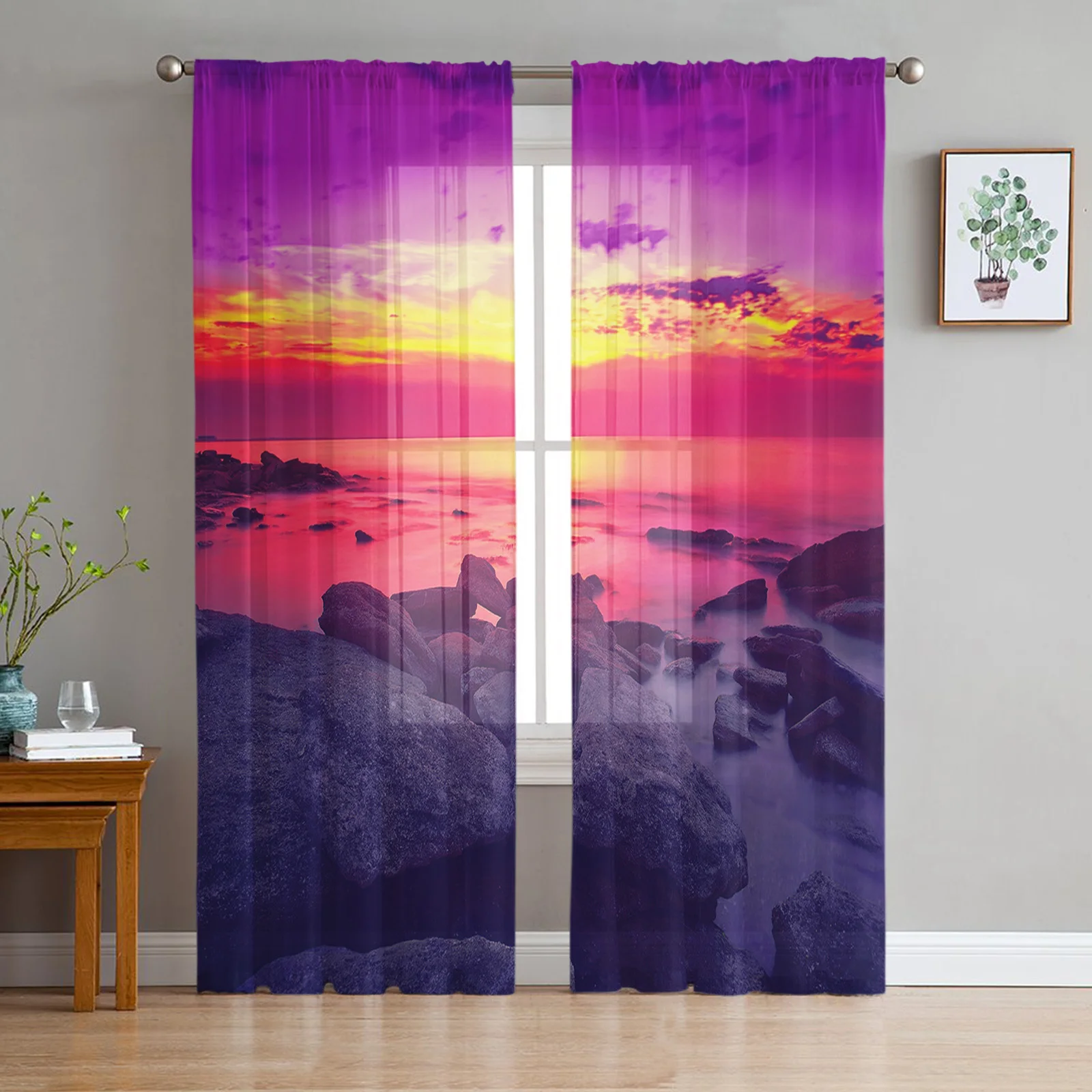 Seaside Beach Sunset Dusk Tulle Curtains for Living Room Bedroom Decor Transparent Chiffon Sheer Voile Window Curtain