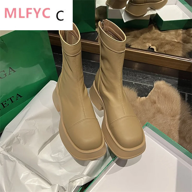 

2022autumn winter new short boots women's thick-soled leather boots women's shoes square toe middle heel back zipper boots women