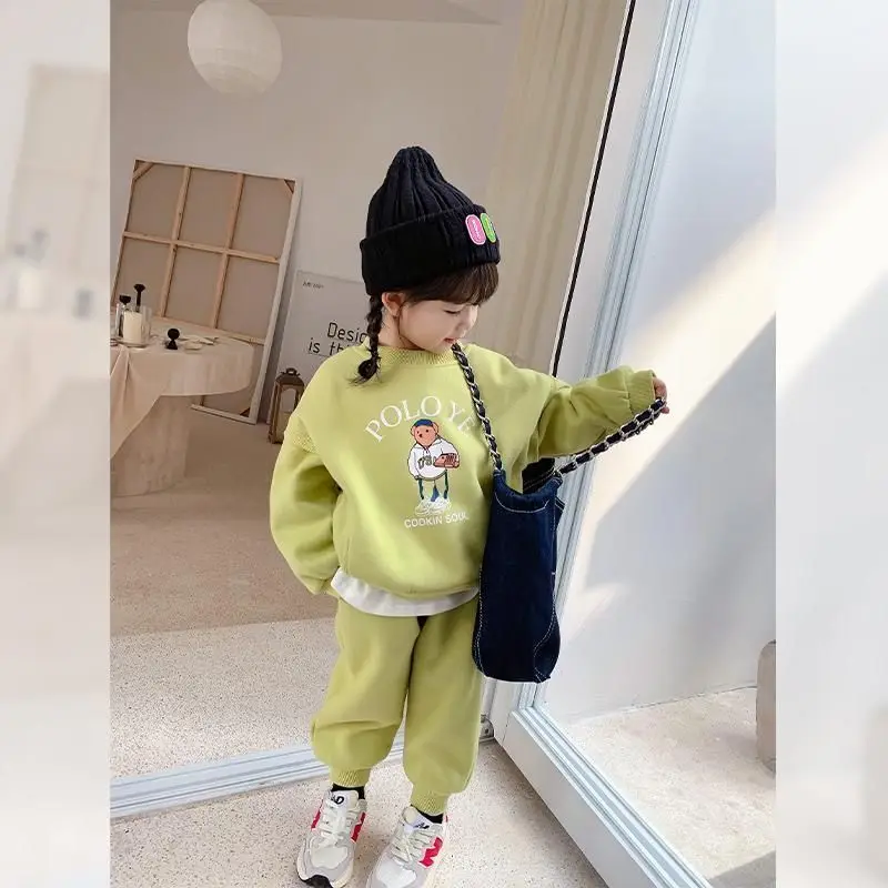 Girls' Autumn and Winter Clothes 2022 New Children's Fleece-Lined Sweater Children's Casual Trousers Baby Girl Two-Piece Suit
