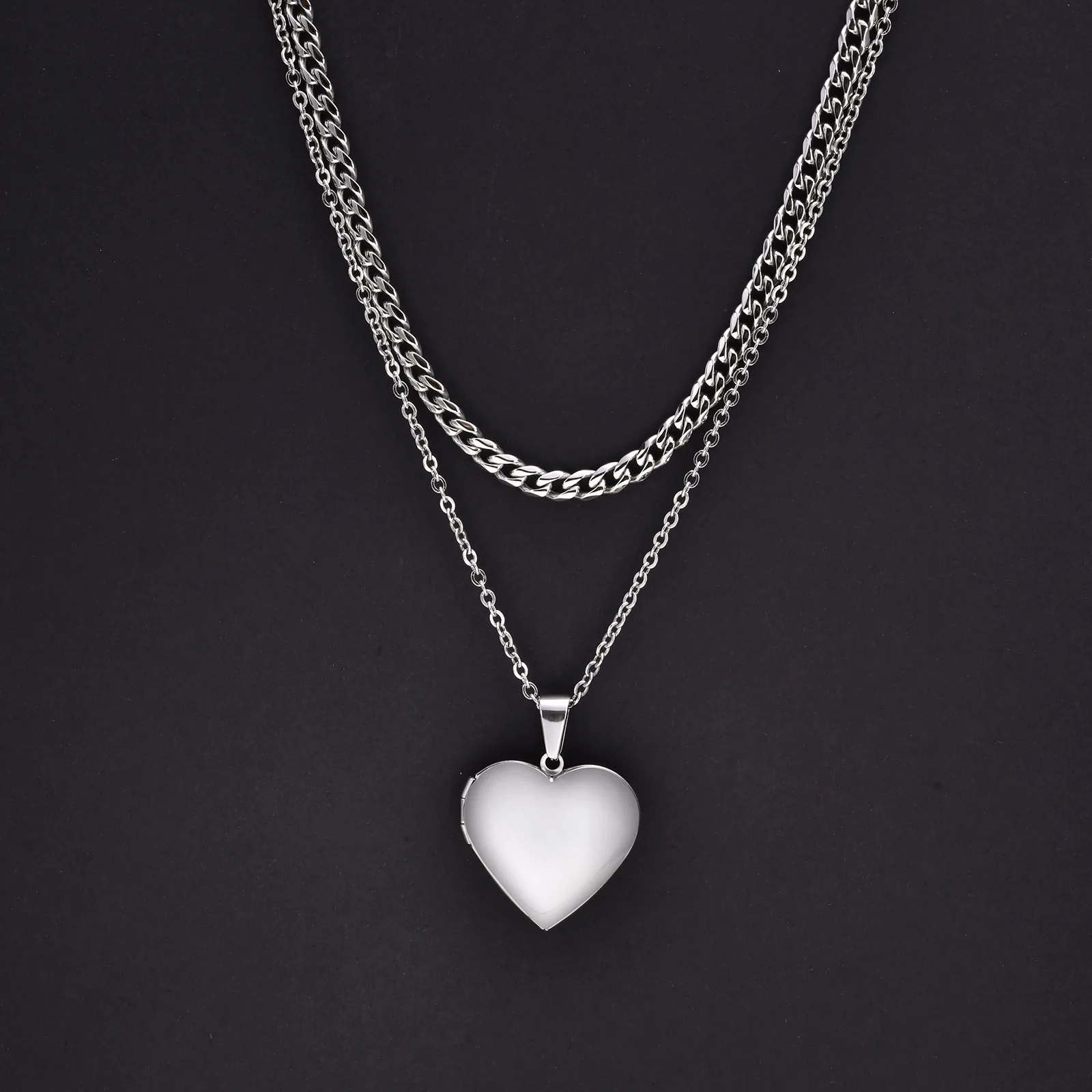 

Vnox Locket Heart Necklaces Set for Men Women, Stainless Steel Photo Frame Pendant, Cuban Box Rope Chain Layered Necklace
