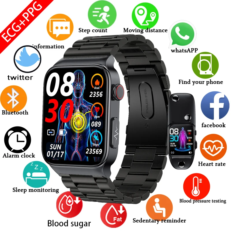 

ECG smart watches Blood Pressure Body Temperature Blood Glucose Monitor women Smart Watch Waterproof Fitness Tracker+Gift Box