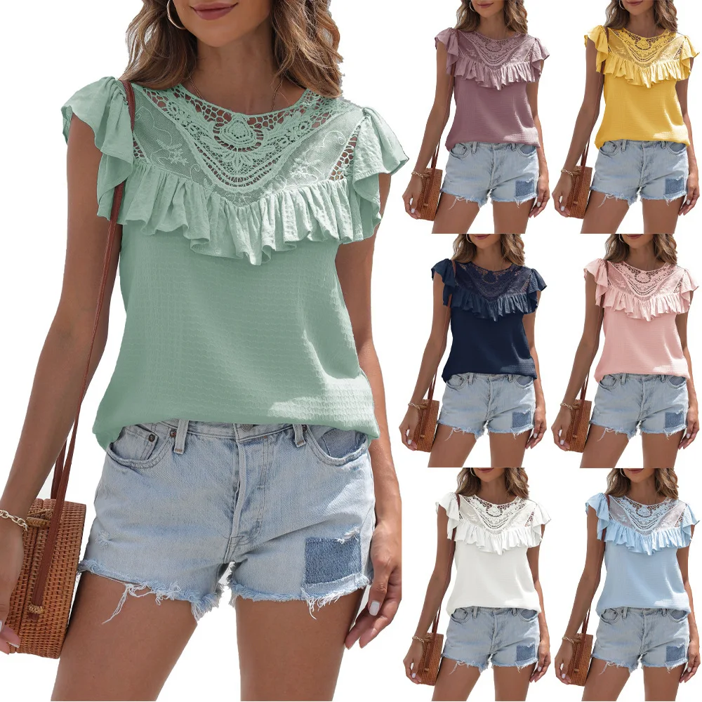 

Sexy Sheer Mesh Patchwork Ruffle Top Summer Women Fashion Hook Flower Hollow O-Neck Short Sleeve T-shirt Woman Pink Loose Tshirt