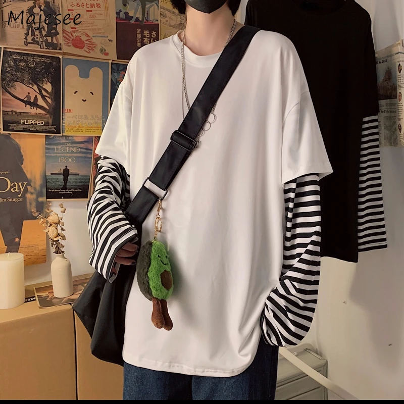 

Мужские футболки с длинным рукавом в стиле пэчворк, дизайнерские свободные универсальные повседневные футболки с круглым вырезом для студ...