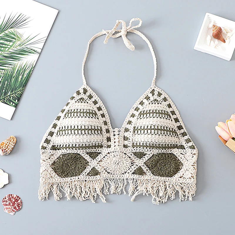 

Hand Knitted Camisole Halter Crop Tops Tassels Hem Crochet Tanks Hollow Out Bra Strapless Vest Women Summer Bikini Tops