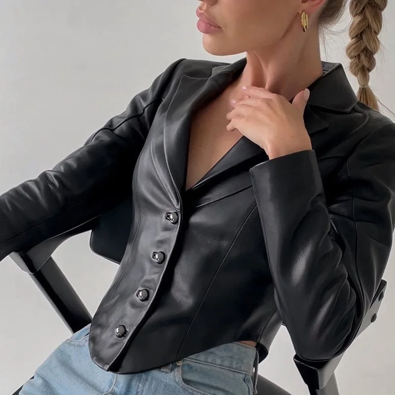 

Fashion Notched PU Leather Cropped Jackets for Women Tops Long Sleeve Autumn 2022 Button Up Top Punk Streetwear