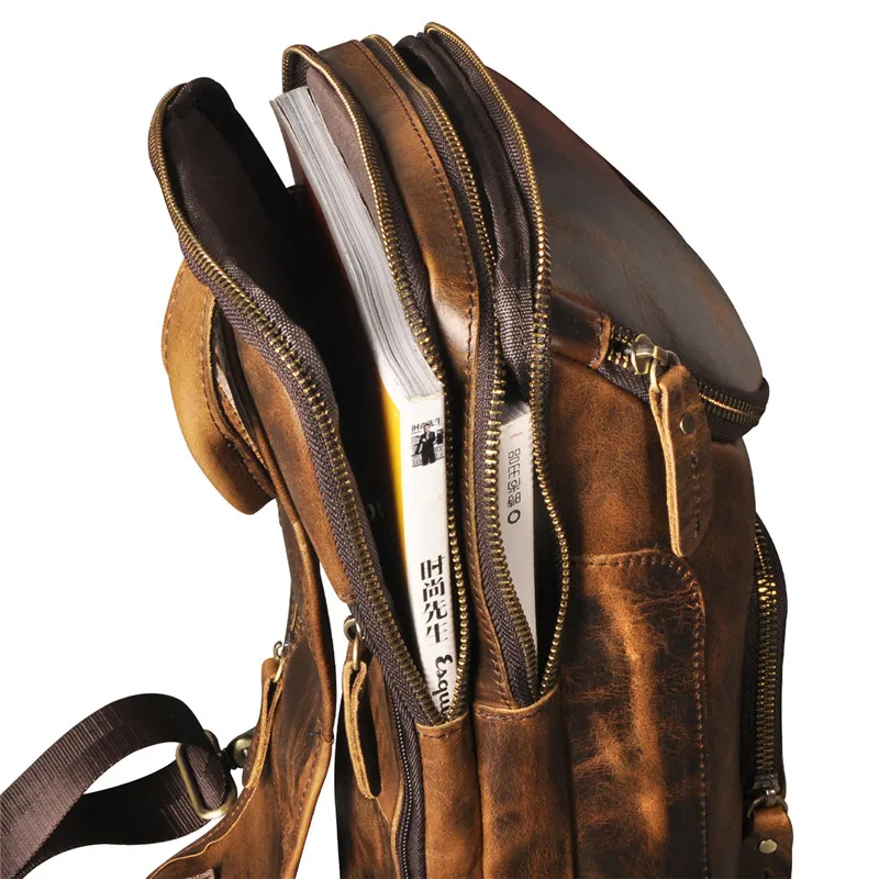 Retro Fashion Luxury Men's Natural genuine Leather Chest Bag Daily Outdoor Travel Crazy Horse cowhide Brown Messenger Bag