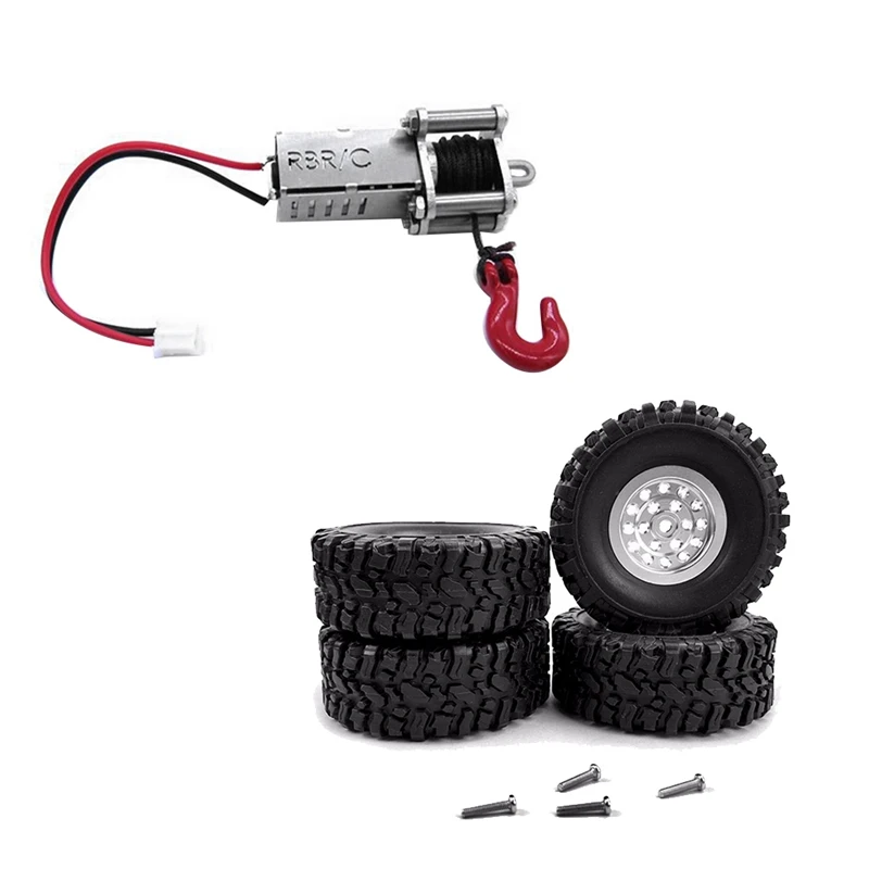 2 Set RC Car Part: 1 Set Metal Wheel Rim Tyre Tires Set & 1 Pcs Metal Automatic Simulated Winch