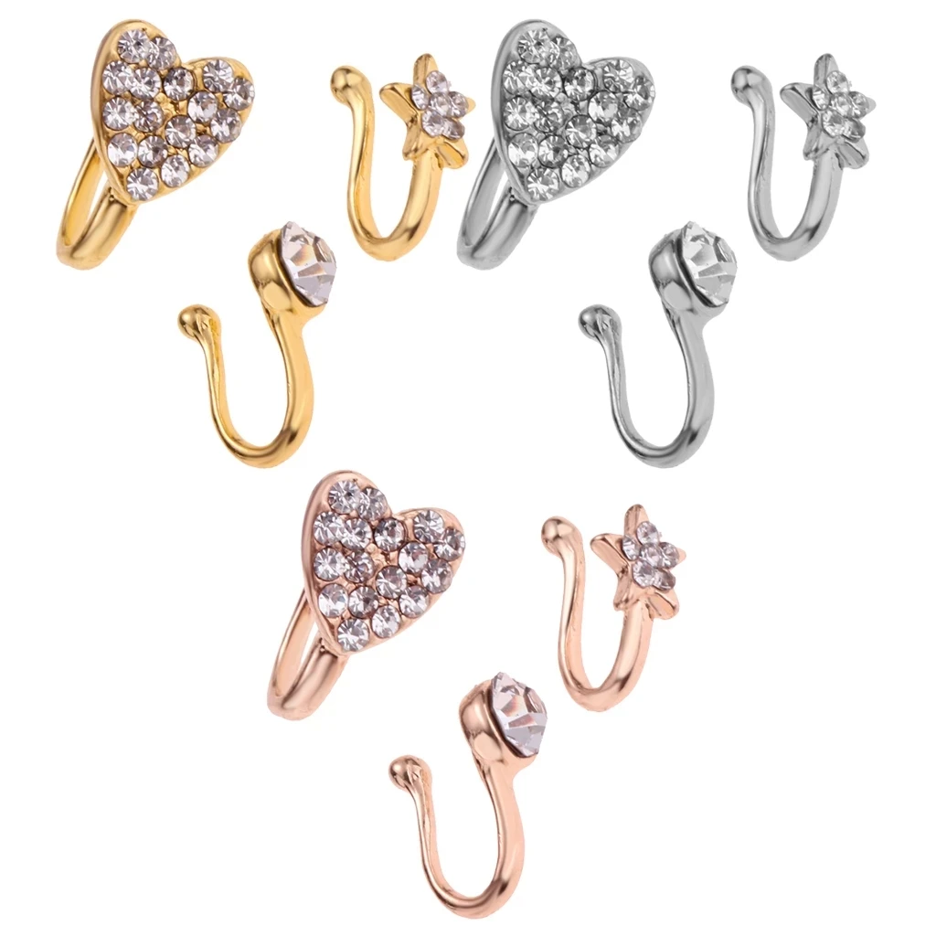 

3 Pcs Fashion Nose Ring Charm Flower Heart Pentagram Crystal Metal Fake Nose Ring Clip On Nose Ring Earrings Simple пирсинг