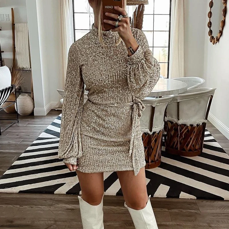 

Fashion High Neck Shiny Sequin Mini Dress Elegant Long Sleeve Irregular Club Party Dress Office Lady Solid Slim Bodycon Dresses